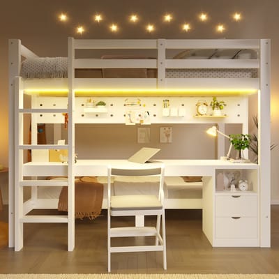 VVBV Houten Hoogslaper 90x200 cm + 140x200 cm met LED-Verlichting, Bureau - Lades - Massief Hout - Zonder Matras