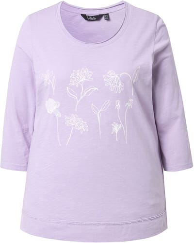 Ulla Popken - Dames - Shirt bloemen klassiek ronde hals 3/4-mouwen - Lavendel - Maat 42+