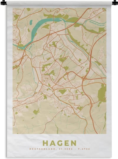 Wandkleed - Wanddoek - Plattegrond - Hagen - Stadskaart - Vintage - Kaart - 120x180 cm - Wandtapijt