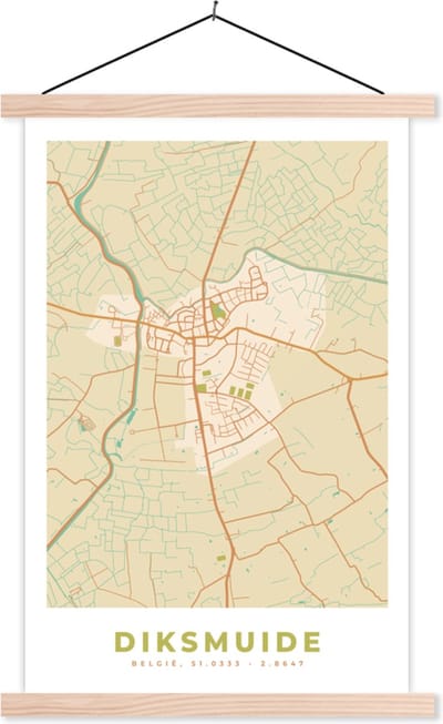 Posterhanger incl. Poster 40x60 cm - Schoolplaat - Stadskaart - Diksmuide - Kaart - België - Plattegrond - Textielposter - Blanke latten - Stadskaart