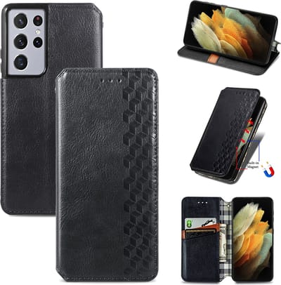 Luxe PU Lederen Ruitpatroon Wallet Case + PMMA Screenprotector voor Galaxy S21 Ultra 5G _ Zwart