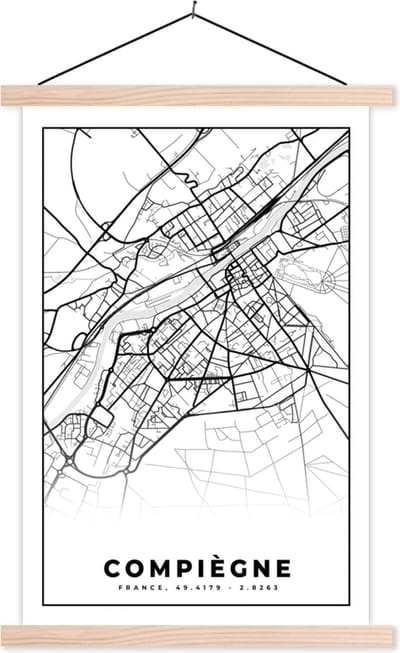 Posterhanger incl. Poster 40x60 cm - Schoolplaat - Plattegrond - Compiègne - Frankrijk - Stadskaart - Kaart - Zwart wit - Textielposter - Blanke latten - Stadskaart