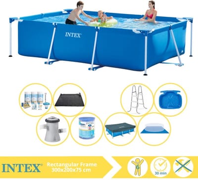 Intex Rechthoekig Frame Zwembad - 300 x 200 x 75 cm - Blauw - Inclusief Afdekzeil - Onderhoudspakket - Zwembadfilterpomp - Filter - Grondzeil - Solar Mat - Ladder - Voetenbad - 9-delig