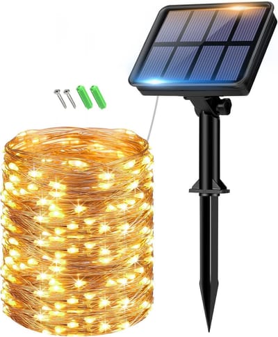 Zonne-energie Feestverlichting, 15 + 2 m, Buitenverlichting, Weerbestendig, 8 Verlichtingsstanden, IP65 Waterdicht, Koperdraad, Tuin, Terras, Boom, Binnen- en Buitengebruik, Warm Wit
