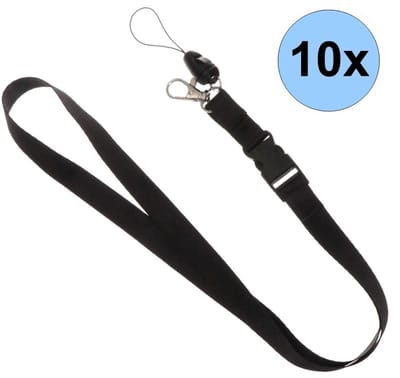 10 Zwarte Keycords - Keycord - Lanyard - Sleutelkoord - Badgehouder - 51cm - 20mm - Zwart - 10 Stuks