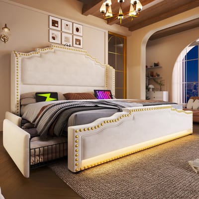 MEUNIQ tweepersoons bed 140x200 cm met 4 lades, LED-verlichting, USB-C en USB, lattenbodem, opbergruimte, beige stoffen bedframe voor slaapkamer
