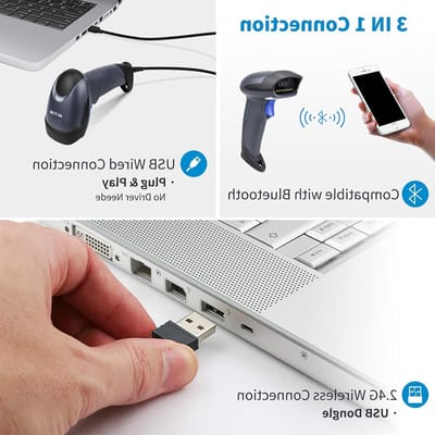 3 in 1 Bluetooth & 2.4GHz Draadloze en USB Bedrade Barcode Scanner voor Laptops, Computers en Kassa's - Automatische QR Lezer met Standaard Scanner Gun