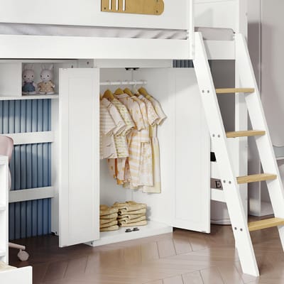 Wishdor Stapelbed 90x200 cm - Bureau & Kledingkast & Open Rek - Grenen/MDF Wit/Naturel - Multifunctioneel Stapelbed
