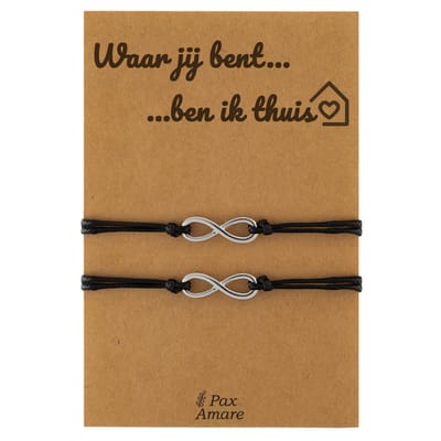 Koppel Armbandjes voor 2 "Waar jij bent, ben ik thuis" - Oneindigheidsteken - Vriendschapsarmbandjes met Liefdevol Cadeau Kaartje - Zilverkleurig - Elastisch Verstelbaar - Pax Amare