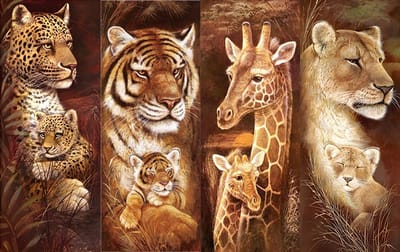 Diamond painting 4 luik - Giraffe, leeuw, luipaard en tijger - 4x 30x70cm - ronde steentjes - volledig beplakt - Diamond painting by Wietske