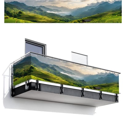 Balkonscherm 500x100 cm - Balkonposter Rijstvelden - Bergen - Groen - Natuur - Balkon scherm decoratie - Balkonschermen - Balkondoek zonnescherm