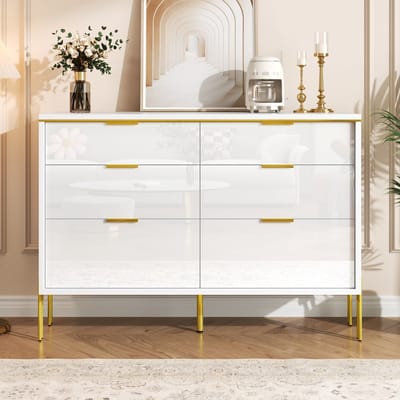 REDOM - Dressoirkast - 6 Laden Met Hoogglans Fronten - Moderne Stijl - Voor Woonkamer - Spaanplaat - Wit-Goud - 120 X 40 X 85,5 Cm