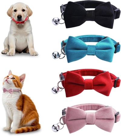 Set van 4 Verstelbare Kattenhalsbanden van Fluweel met Bel en Strik, Veilig en Comfortabel voor Katten