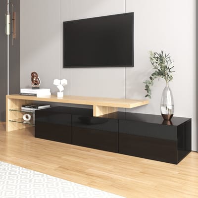 DESMIU Tv Meubel - Hoogglans Design Met Led En Glasplanken - 3 Kasten Voor Woonkamer En Multimedia - MDF En Glas - 197,5x39x42 Cm - Naturel Zwart