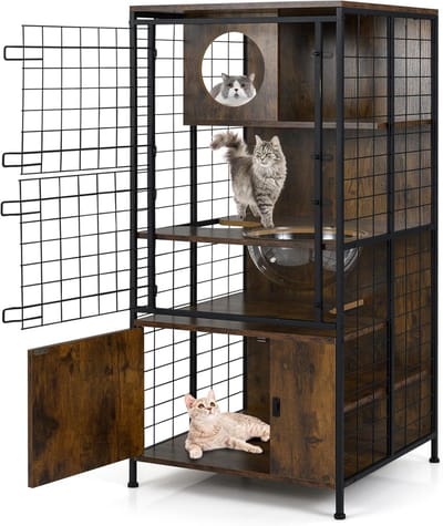 COSTWAY Kattenkast met kattenkooi, kattenbak, kast voor kattentoilet, kattenhuis met hol, plank, deuren en halve bol, voor katten, honden, huisdieren, kattenmeubel binnen, metaal, bruin