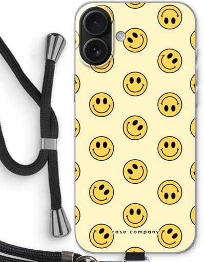 Case Company® - Hoesje met koord geschikt voor iPhone 16 Plus hoesje met Koord - Smiley N°2 - Telefoonhoesje met Zwart Koord - Bescherming aan alle Kanten en Over de Schermrand