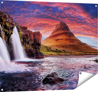 Gards Tuinposter Waterval bij een Berg - 100x80 cm - Tuindoek - Tuindecoratie - Wanddecoratie buiten - Tuinschilderij