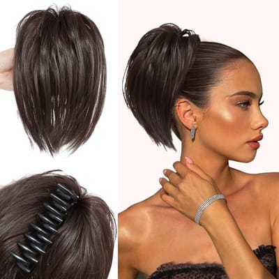Ponytail Clip in 26 cm - Smooth Short Haarstuk voor Natuurlijke Messy Bun - Donkerbruin Synthetisch Haar voor Vrouwen