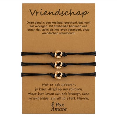 Vriendschapsarmbandjes voor 3 "Vriendschap" - Knoopjes - BFF Armbandjes met Cadeau Kaartje - Goudkleurig - Elastisch Verstelbaar - Pax Amare