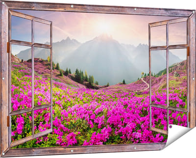 Gards Tuinposter Doorkijk Rhododendron Bloemenveld in de Alpen - 150x100 cm - Tuindoek - Tuindecoratie - Wanddecoratie buiten - Tuinschilderij