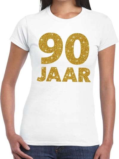 90 jaar goud glitter verjaardag t-shirt wit dames - verjaardag shirts XS