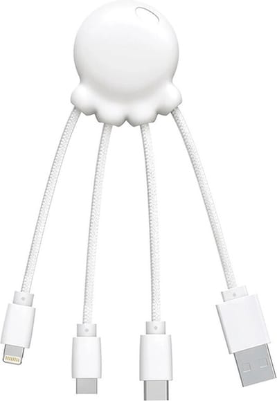 Xoopar Octopus Recycled 3-in-1 Laadkabel – USB naar USB-C, Lightning en Micro-USB – Compacte Multilaadkabel – 0,1 m – Wit