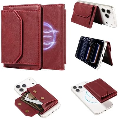 SBG Magnetische Pasjeshouder Compatibel met MagSafe | Telefoon Portemonnee met Standaard en RFID‑bescherming | 4 Kaartsleuven en Briefgeldvak | Rood