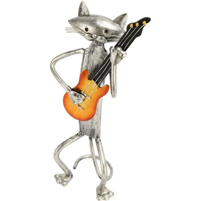 Een Gitaarspelende Kat Metalen Sculptuur Gebakken Verf Ambacht Kleurecht Levendig Schattig Staand Kat Figuur gray