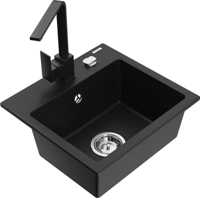 Mexen Milo granieten spoelbak 1-komor met keukenmengkraan Rita, zwart - 6505-77-670300-70