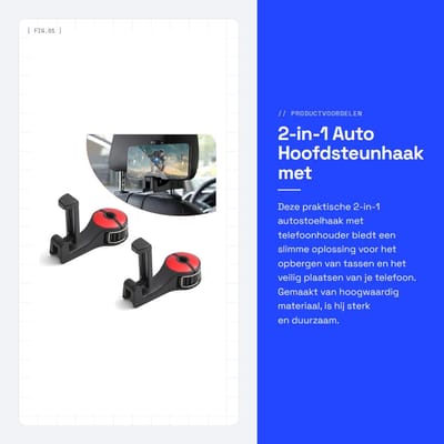 Dailygoods- Opbergtas Hoogwaardig Materiaal - Autohaak - Hoofdsteunhouder - Telefoonhouder - 360 Graden Rotatie - Draagvermogen 15 kg