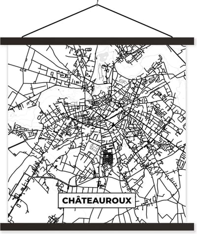 Posterhanger incl. Poster 60x60 cm - Schoolplaat - Kaart – Plattegrond – Châteauroux - Frankrijk – Stadskaart - Zwart wit - Textielposter - Zwarte latten - Stadskaart