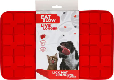 Eat Slow Live Longer Likmat Bloemenpatroon – 21 x 34 cm - Snuffelmat - Anti-schrok Mat - Slowfeeder Honden en Katten - 100% Siliconen - Vaatwasserbestendig - Voerpuzzel Kat - Rood