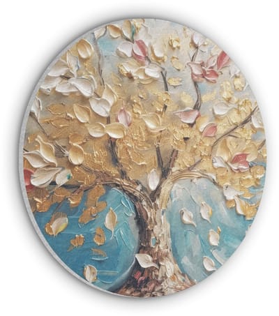 Akoestisch wandpaneel rond 30x30 cm - Vilt schilderij Boom - Blauw - Goud - Abstract - Modern - Ronde akoestische panelen - Geluidsdempende wanddecoratie - Geluidsisolatie wandcirkel - Muurdecoratie geluidspanelen