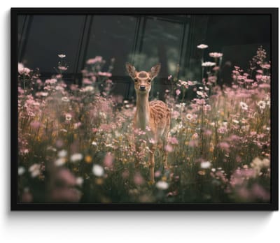 Poster in lijst - Fotolijst 80x60 cm - Posters - Hert - Wilde bloemen - Bos - Posterlijst zwart - Decoratie - Wanddecoratie woonkamer - Muurdecoratie slaapkamer