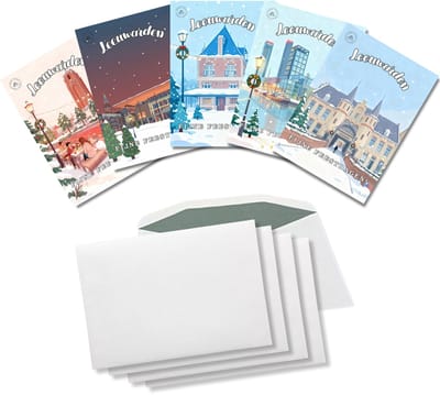 Inspra Studio – Luxe Kerstkaarten met Enveloppen – 5 Stuks – Leeuwarden Stad Wenskaarten – Artistieke Illustraties van Nederlandse Steden