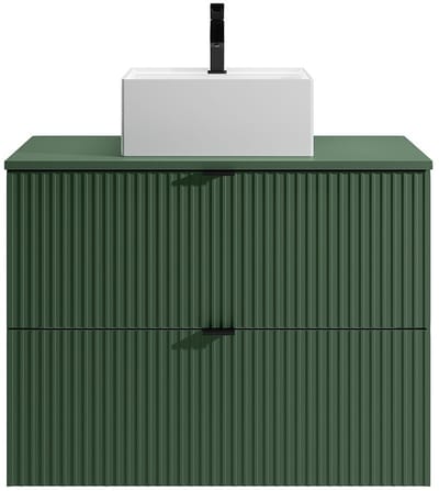 Vente-unique Gestreept hangmeubel voor badkamer en vierkante opzetwastafel - Mat groen - 80 cm - ZEVINI