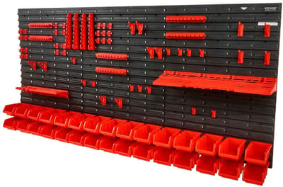 CORE Opbergbakken - Wand gemonteerd - Wandgemonteerde opbergbakken - Wandrek voor gereepschap - Rack organizer - Tool organizer - Met wandpanelen en haken - 172x17x77.5cm - Rood en zwart