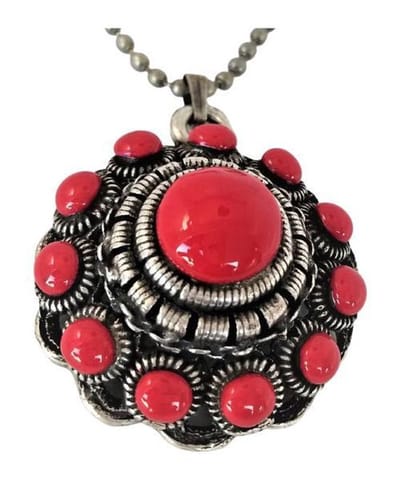 Zeeuws Meisje -Ketting Zeeuwse grote bolle knop 36 mm zwaar verzilverd, bewerkt met rode emaille, designerskwaliteit