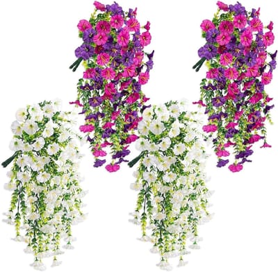 Kunstbloemen Set van 4 - Hangende Petunia's in 2 Kleuren voor Buiten - Perfecte Decoratie voor Balkon en Tuin