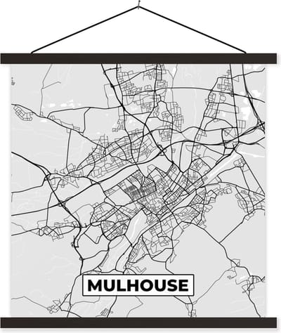 Posterhanger incl. Poster 60x60 cm - Schoolplaat - Plattegrond - Kaart - Stadskaart - Frankrijk - Mulhouse - Textielposter - Zwarte latten - Stadskaart