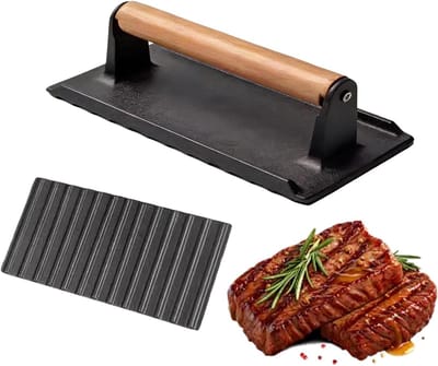Gietijzeren Vleespers - Burger Smasher - Buiten Koken - Gelijkmatige Druk - 16 x 8 x 8 cm - Zwart