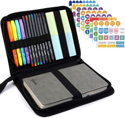 A5 Ongedateerde Planner Kit - Jaarlijkse Maandelijkse & Wekelijkse Planner - Inclusief Stiften & Stickers - Lay-Flat Academisch Notitieboek