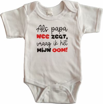 Witte romper met "Als papa nee zegt, dan vraag ik het mijn oom!" - maat 80 - babyshower, zwanger, cadeautje, kraamcadeau, grappig, geschenk, baby, tekst, bodieke