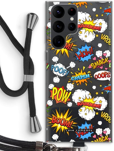 Case Company® - Hoesje met koord geschikt voor Samsung Galaxy S22 Ultra hoesje met Koord - Pow Smack - Telefoonhoesje met Zwart Koord - Bescherming aan alle Kanten en Over de Schermrand