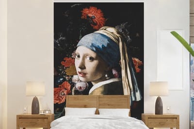 Behang - Fotobehang Meisje met de parel - Johannes Vermeer - Bloemen - Rood - Breedte 200 cm x hoogte 300 cm