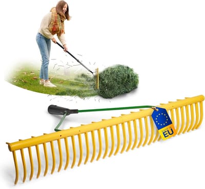 Tuinharkkop met 32 tanden en grasopvangapparaat, werkbreedte 64,5 cm, kunststof/metaal, bladverzamelaar, bladbreker, gazonhark, tuingereedschap zonder steel, geel