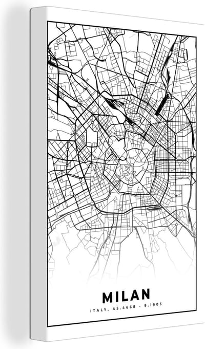 Canvas Schilderij Milaan - Stadskaart - Zwart Wit - Plattegrond - Kaart - 20x30 cm - Wanddecoratie
