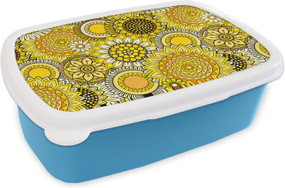 Broodtrommel Blauw - Lunchbox - Brooddoos - Zonnebloem - Patronen - Geel - 18x12x6 cm - Kinderen - Jongen