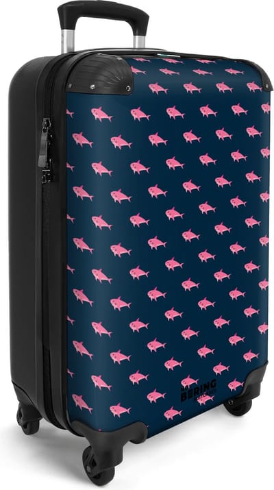 NoBoringSuitcases.com® - Handbagage koffer lichtgewicht - Reiskoffer trolley - Blauw met roze haaien print - Reis rolkoffer met wieltjes - Carry on reistrolley op wielen - Luggage suitcase - 55x40x20 en 55x35x25 - Bagage 55 cm