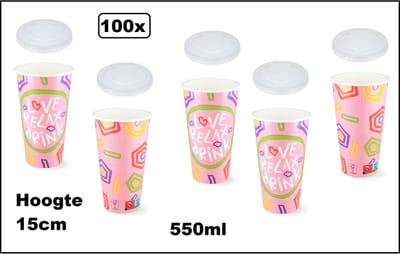 100x Milkshake beker Relax roze 550ml + 100x deksel - Karton - Drinken beker thema feest festival evenement fun diner milkshakebeker